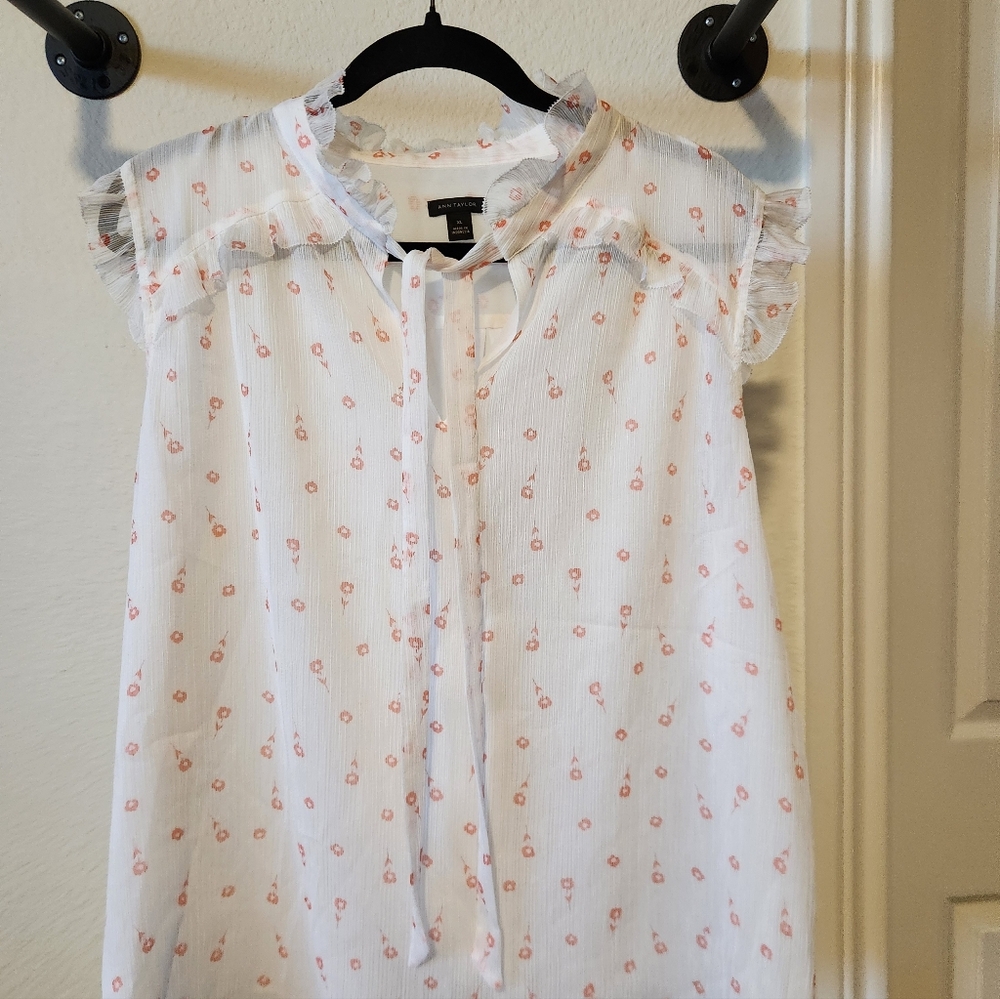 Ann Taylor White Blouse with Pink Floral Accents